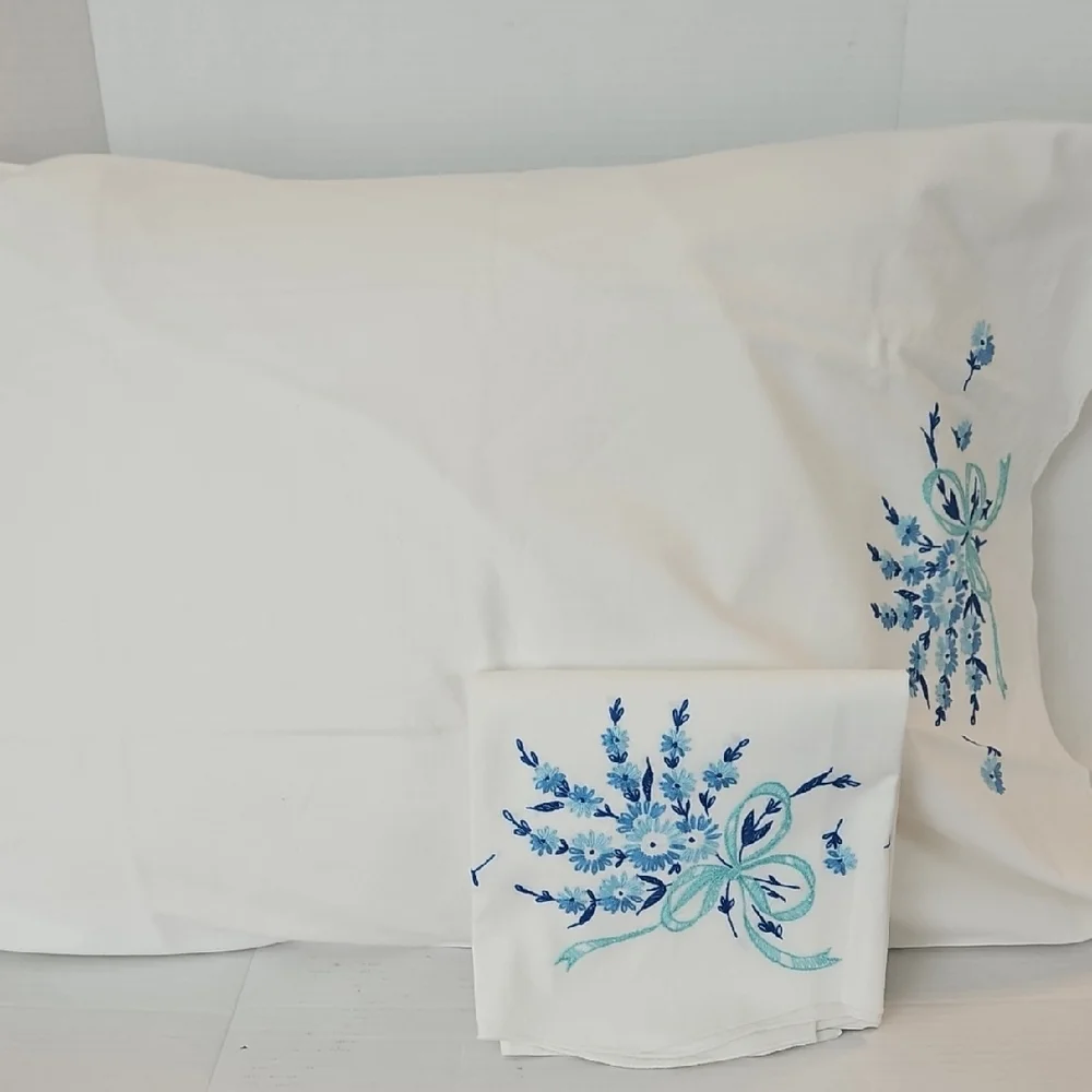 Standard Pillow Cases Handmade Embroidered Blues Floral Bow Set